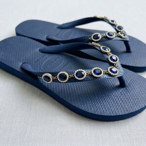 Havaianas Navy Blue Jewel-Embellished Flip Flops